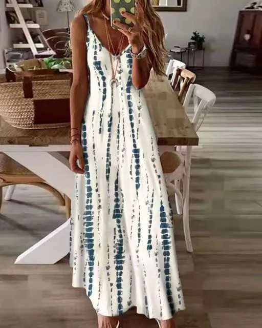 2022 New High Vacation Tie Dye Maxi Dress  5XL Sexy Spaghetti Strap V Neck Long Dresses