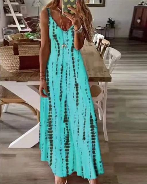 2022 New High Vacation Tie Dye Maxi Dress  5XL Sexy Spaghetti Strap V Neck Long Dresses