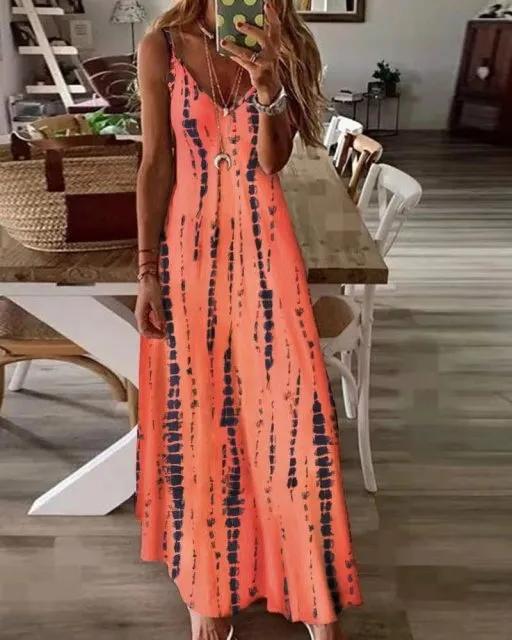 2022 New High Vacation Tie Dye Maxi Dress  5XL Sexy Spaghetti Strap V Neck Long Dresses