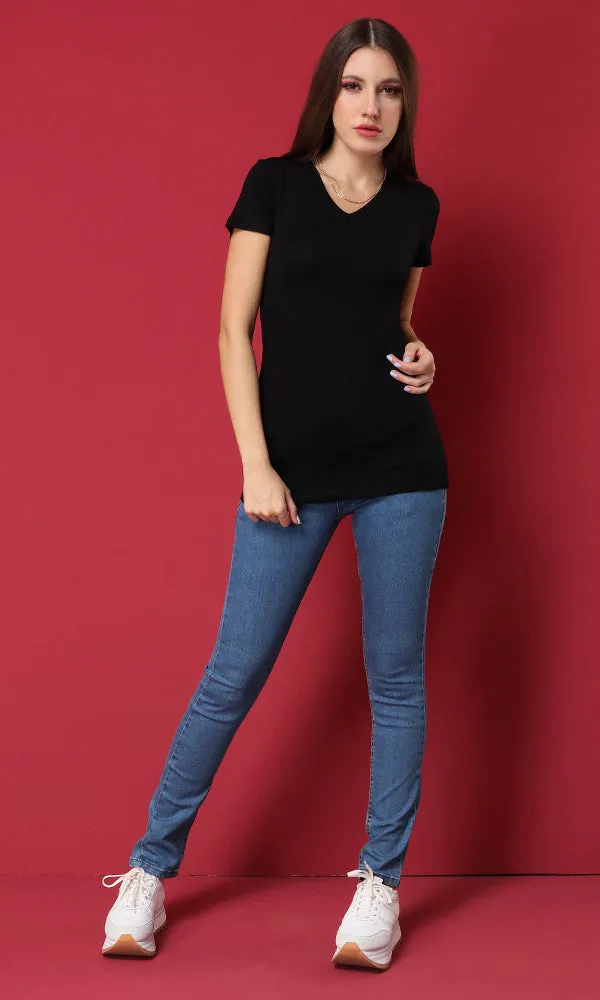 27923 V-Neck Half Sleeves Basic Black Tee