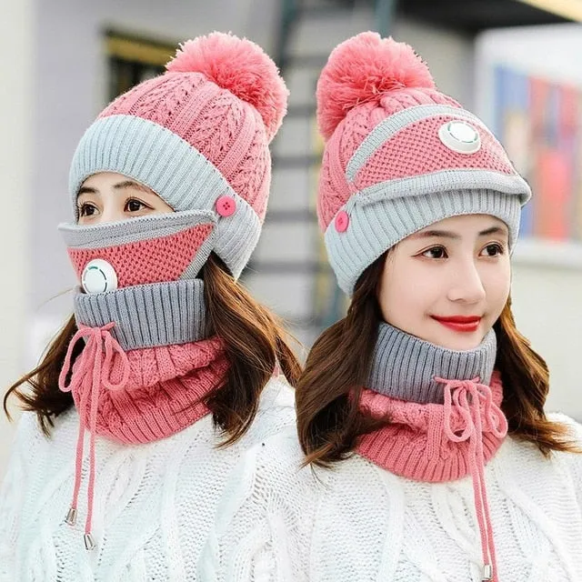 3 Pcs/set With Breathing Mask 2in1 Knitted Pompoms Fur Lined Protective Knitted Woolen Warm Winter Cap