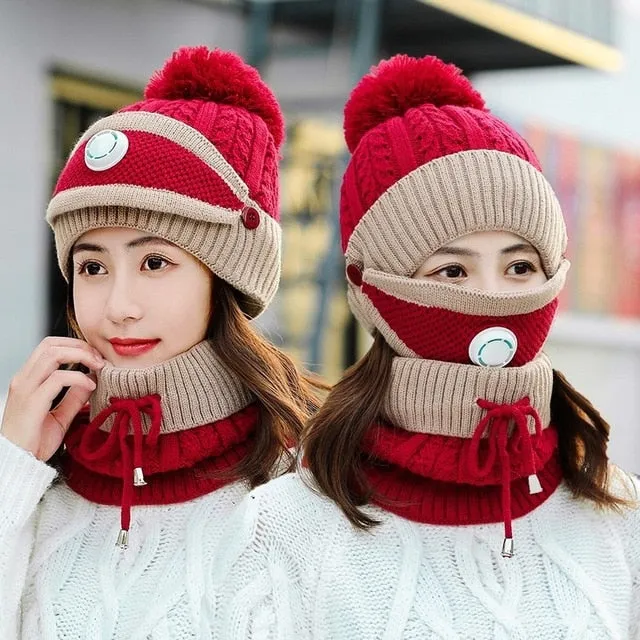 3 Pcs/set With Breathing Mask 2in1 Knitted Pompoms Fur Lined Protective Knitted Woolen Warm Winter Cap