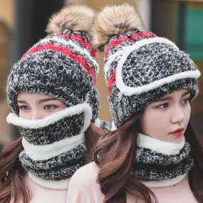 3 Pcs/set With Mask Faux Fur Pompoms Outdoor Knitted Woolen Warm Winter Cap