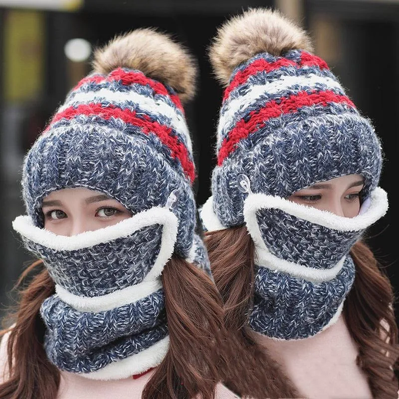 3 Pcs/set With Mask Faux Fur Pompoms Outdoor Knitted Woolen Warm Winter Cap