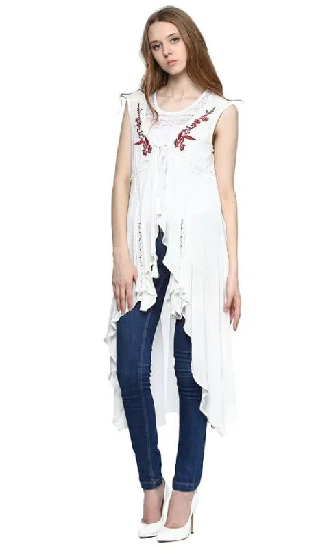 38733 Embroidered Waterfall Vest - White