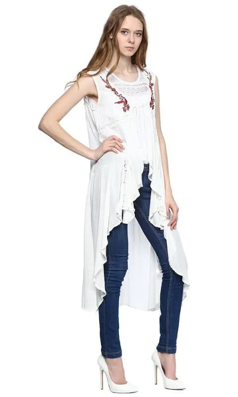 38733 Embroidered Waterfall Vest - White