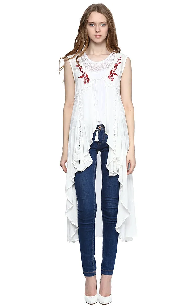 38733 Embroidered Waterfall Vest - White