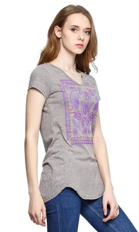 39436 V-Neck Printed T-Shirt - Heather Grey