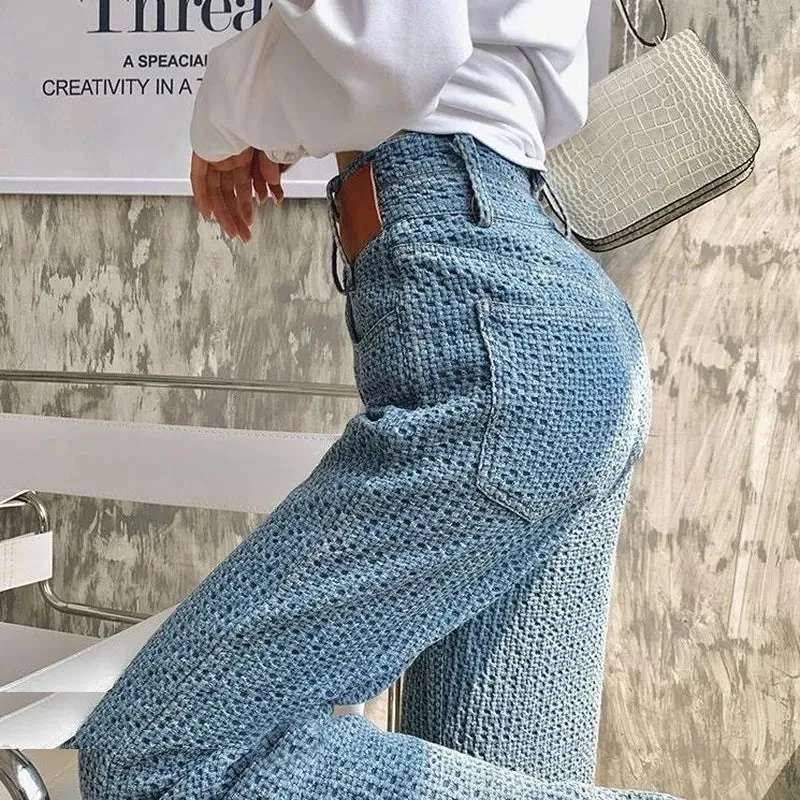 3D Stretch Denim Blue High-waist Woven Denim Wide-leg Pants