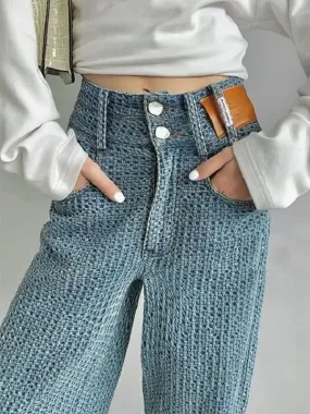 3D Stretch Denim Blue High-waist Woven Denim Wide-leg Pants