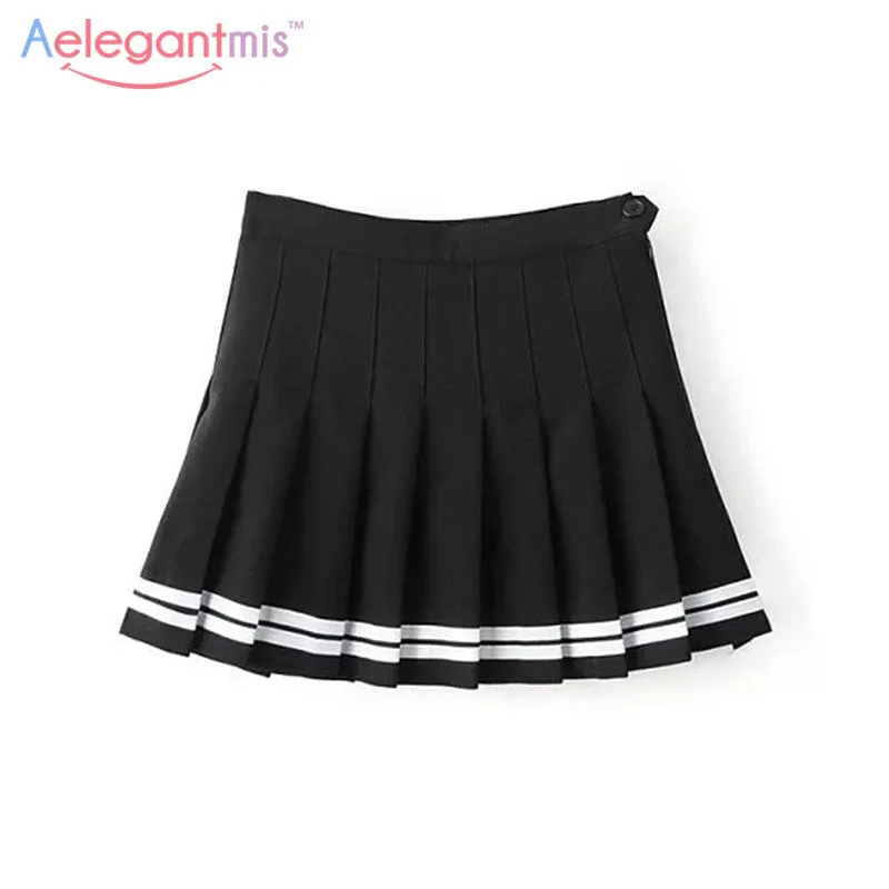 Aelegantmis Sweet Pleated Skirt Women Preppy Style Mini High Waist Skirt Girls Vintage Black White Cute School Uniforms Skirts