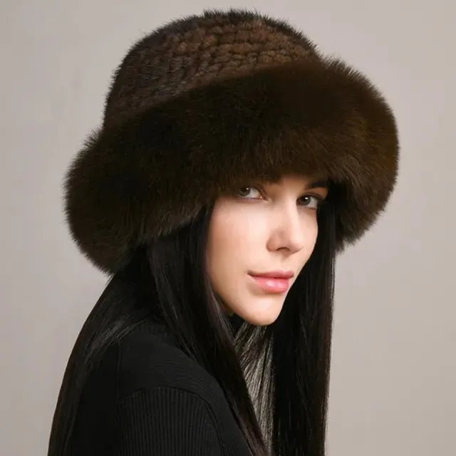 andmade Knitted Mink & Fox Fur Hat for Women