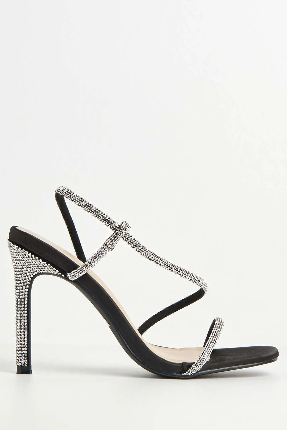 Astera Diamante Embellished Stiletto Heeled Sandals in Black Satin