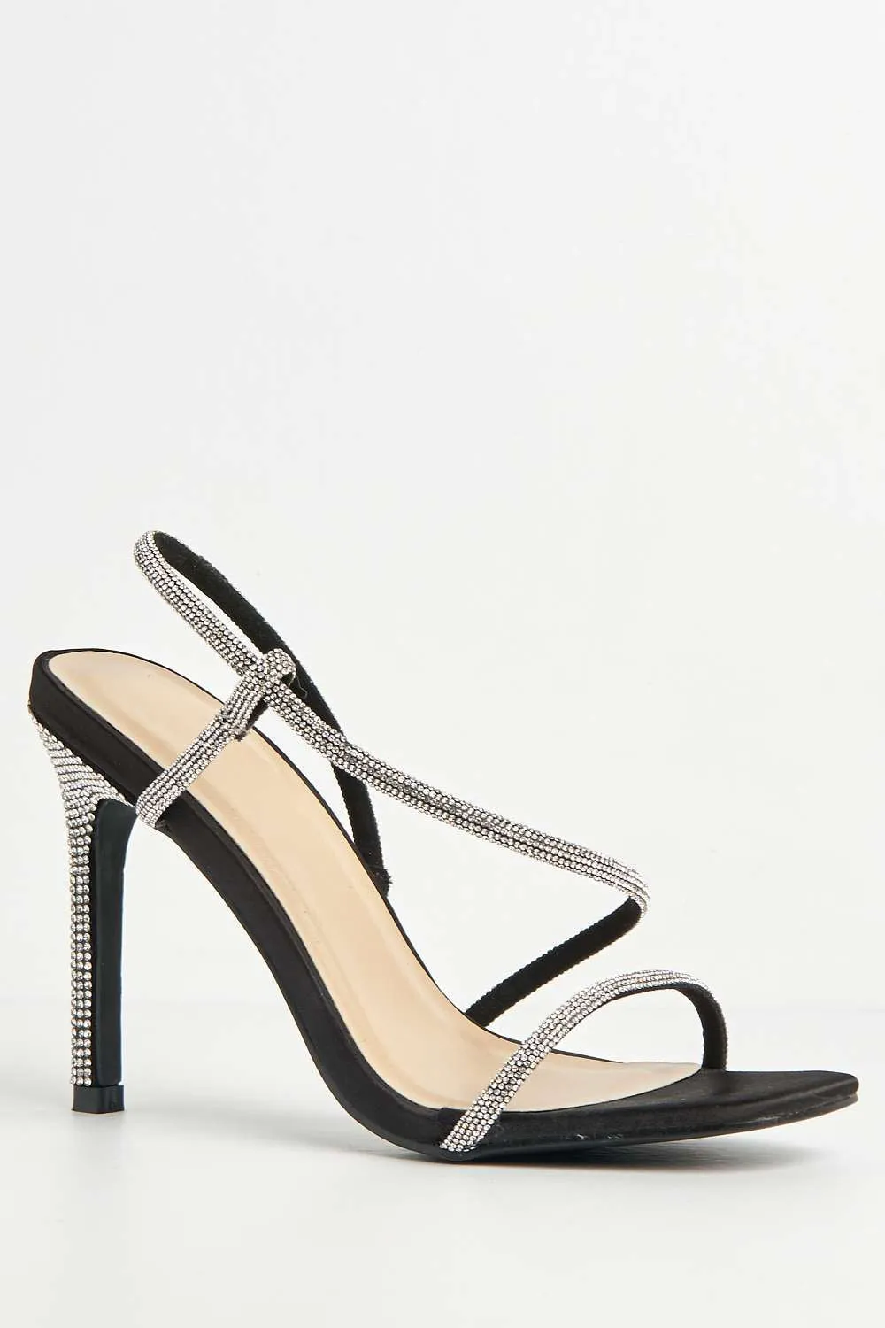 Astera Diamante Embellished Stiletto Heeled Sandals in Black Satin