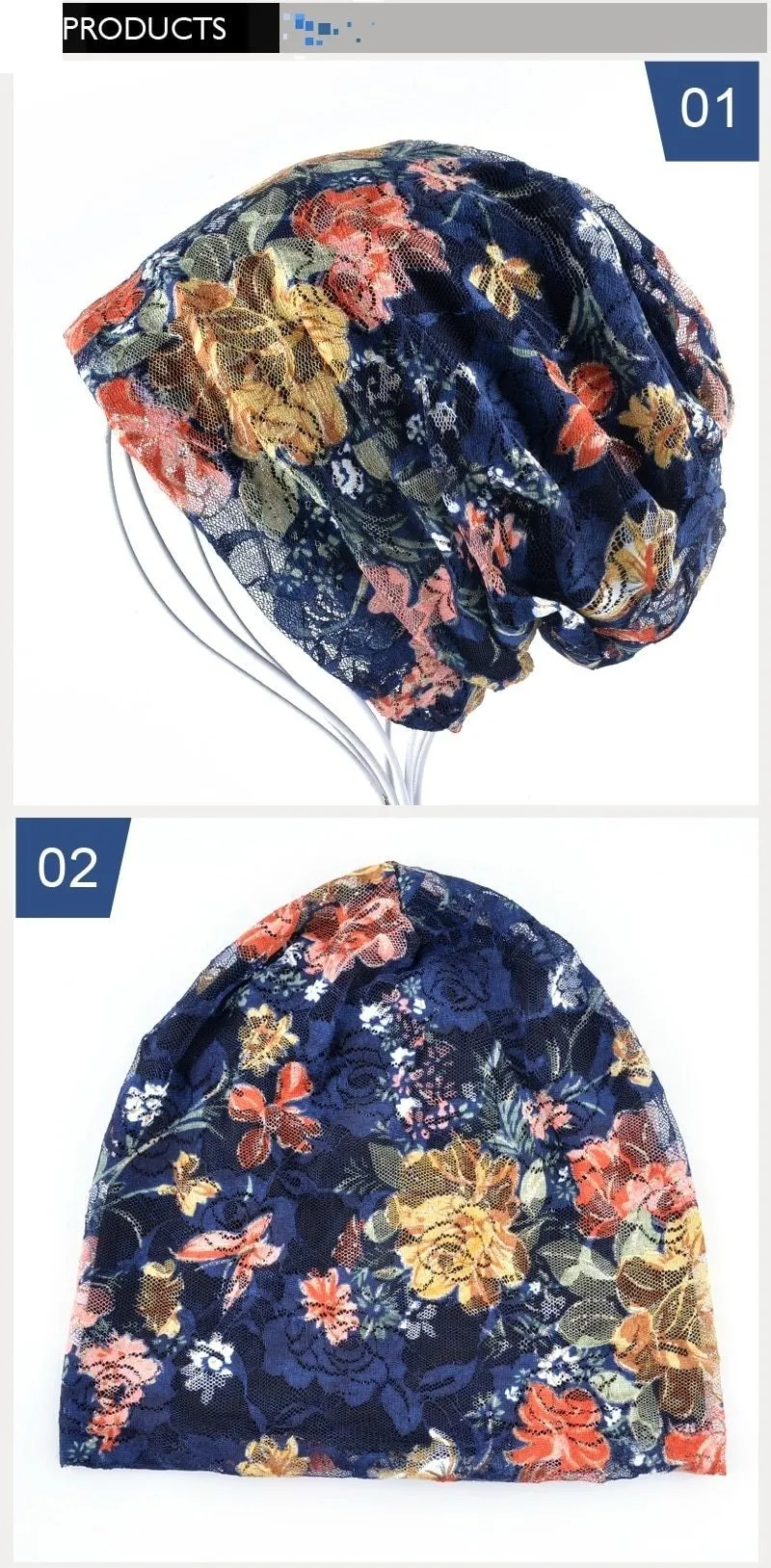 Autumn Winter Floral Printed Thin Beanie Caps for Women