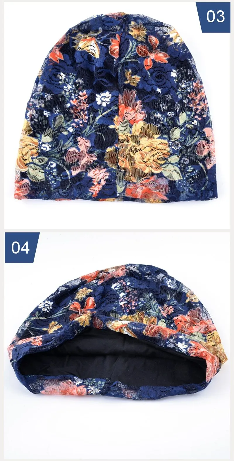 Autumn Winter Floral Printed Thin Beanie Caps for Women