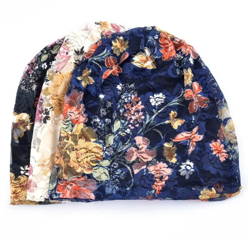 Autumn Winter Floral Printed Thin Beanie Caps for Women