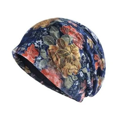 Autumn Winter Floral Printed Thin Beanie Caps for Women