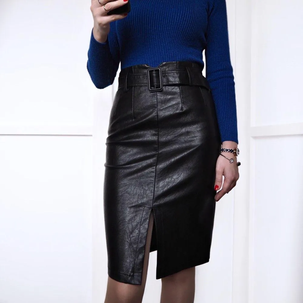 Autumn Winter High Waist Synthetic Leather Split Pencil Midi Skirts