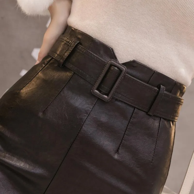 Autumn Winter High Waist Synthetic Leather Split Pencil Midi Skirts