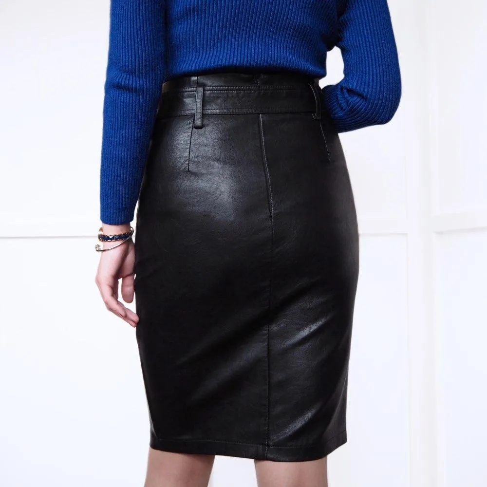 Autumn Winter High Waist Synthetic Leather Split Pencil Midi Skirts