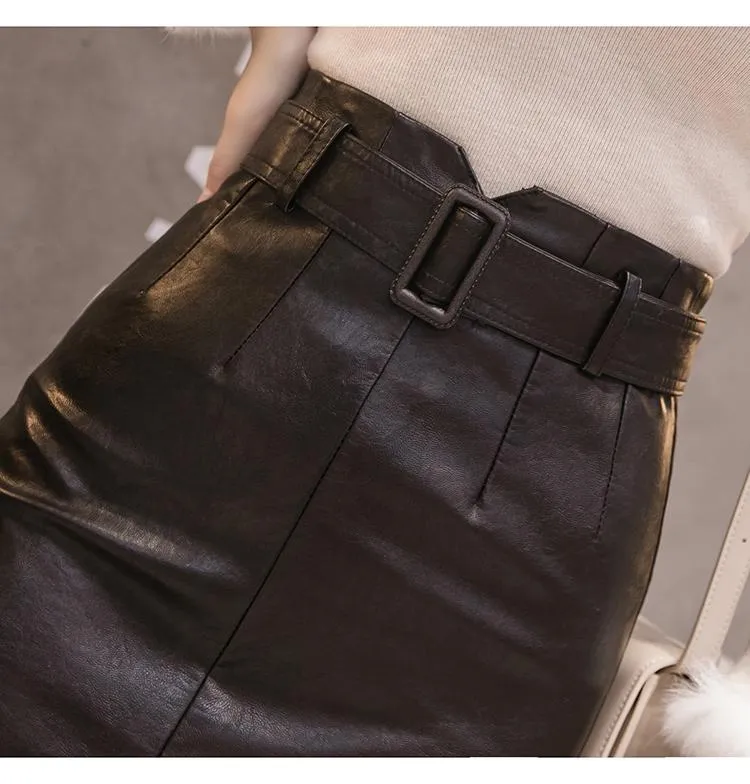 Autumn Winter High Waist Synthetic Leather Split Pencil Midi Skirts