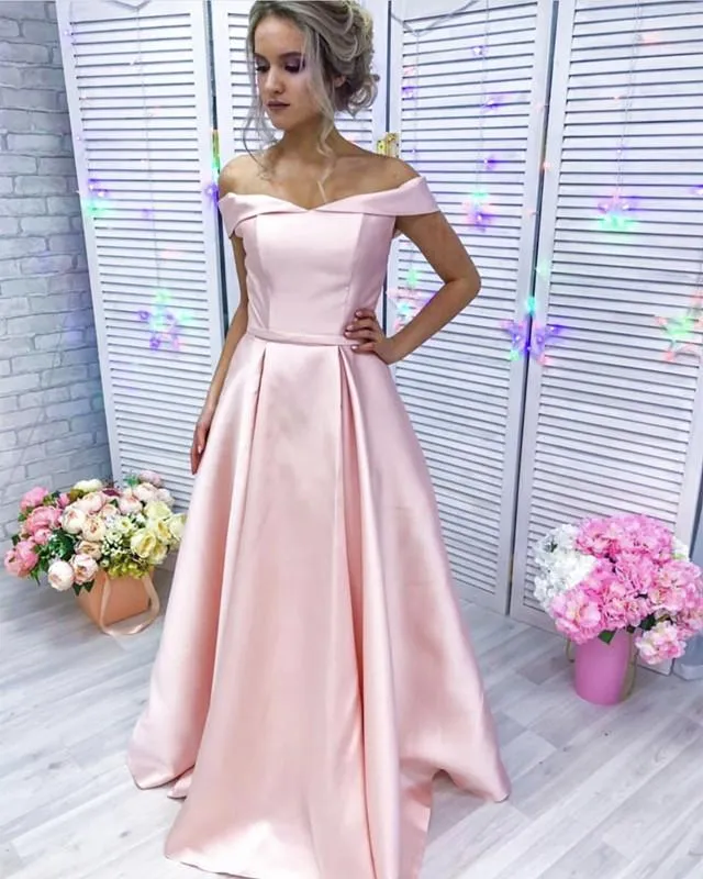 Baby Pink Long Satin Off Shoulder Bridesmaid Dresses