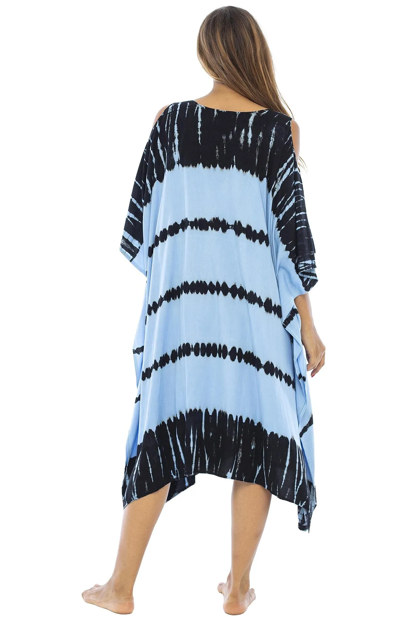 Back From Bali Womens Tie Dye Kaftan Poncho Dress Boho Cold Shoulder Casual Summer Dress Beach Swimsuit Cover Up