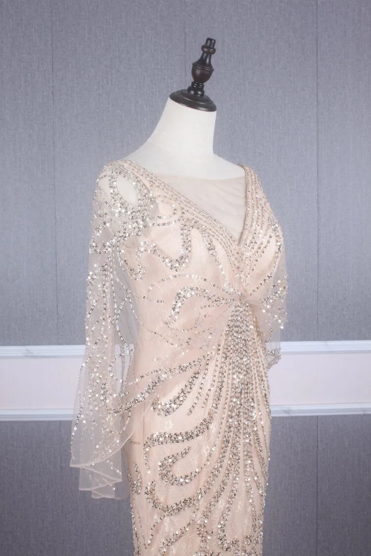 Beaded Champagne Mermaid Prom Dresses Batwing Sleeve FD2469