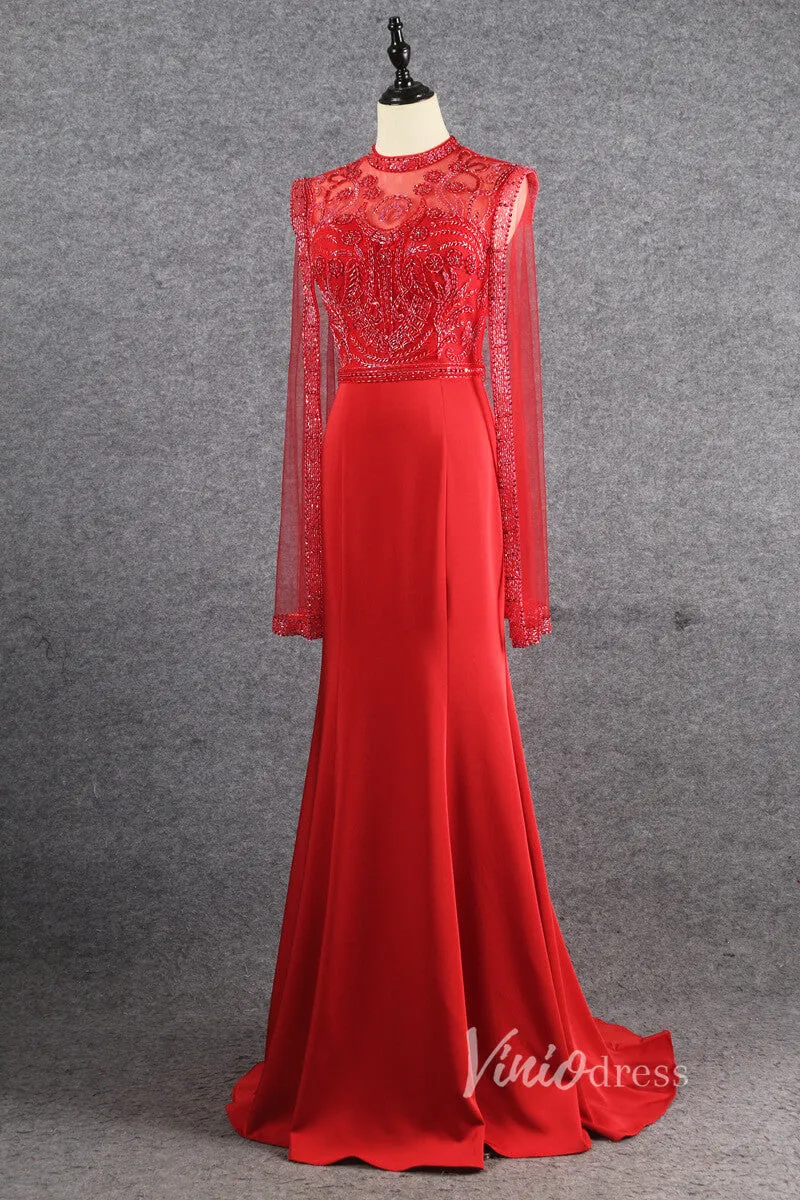 Beaded Sheath Satin Prom Dress Cape Sleeve Formal Dress FD2819