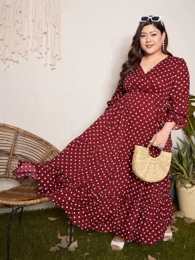 Berrylush Curve Women Red Polka Dots V-Neck Short Sleeve Maxi Dress