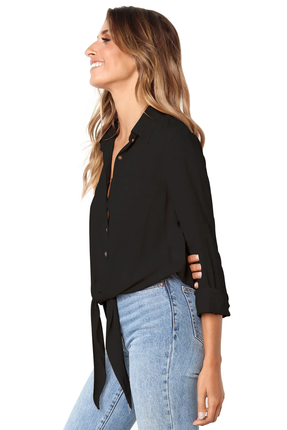 Black Crushed Button-Down Shirt Top