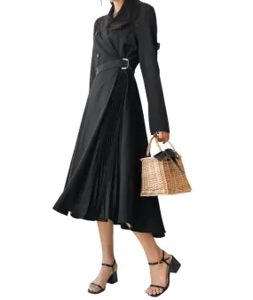 Black Side Pleated Trench Wrap Dresses Womens Waiststrap Double Breast