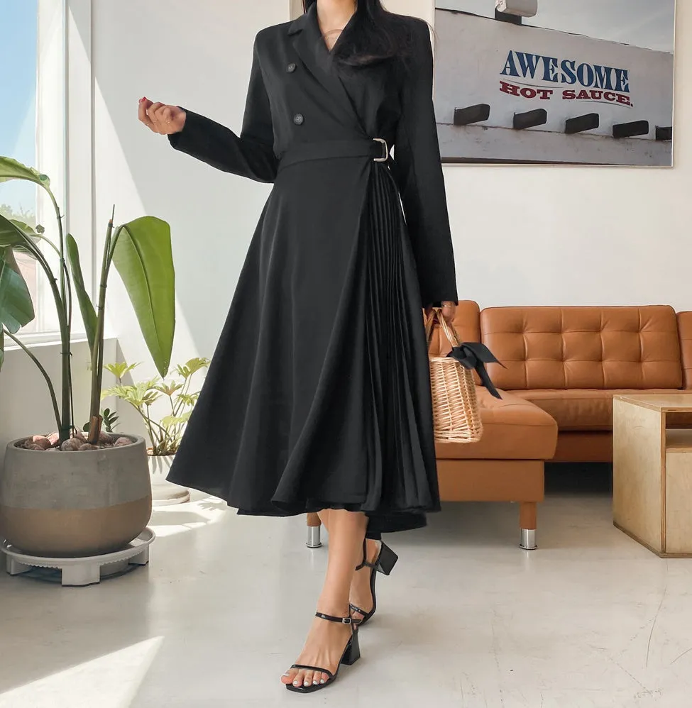 Black Side Pleated Trench Wrap Dresses Womens Waiststrap Double Breast