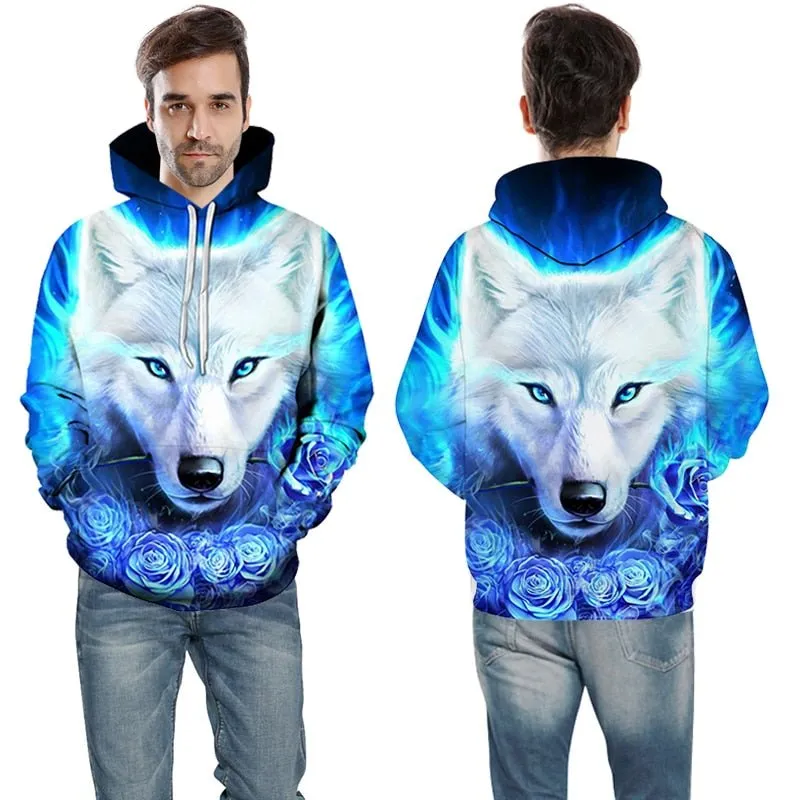 Blue rose Wolf Hoodies Men 3D Sweatshirts Harajuku Hoody Quality Pullover Streatwear Tracksuits hip hop tops