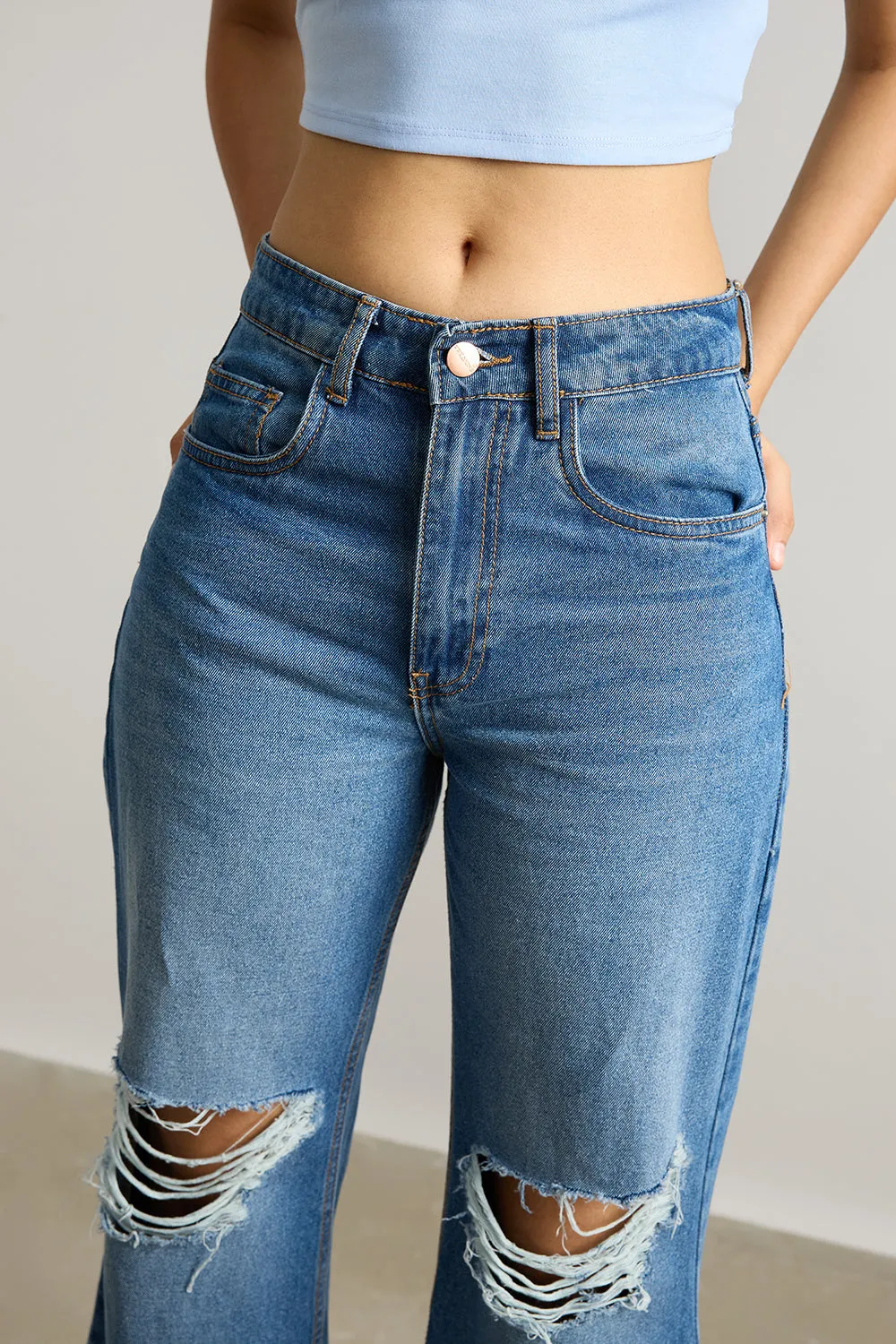 Blue Wide Leg Ripped Jeans