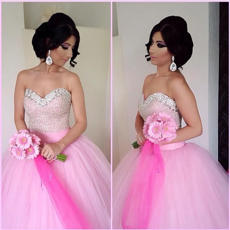 Blush Pink Tulle Ball Gowns Quinceanera Dresses Sequin Beaded Sweetheart