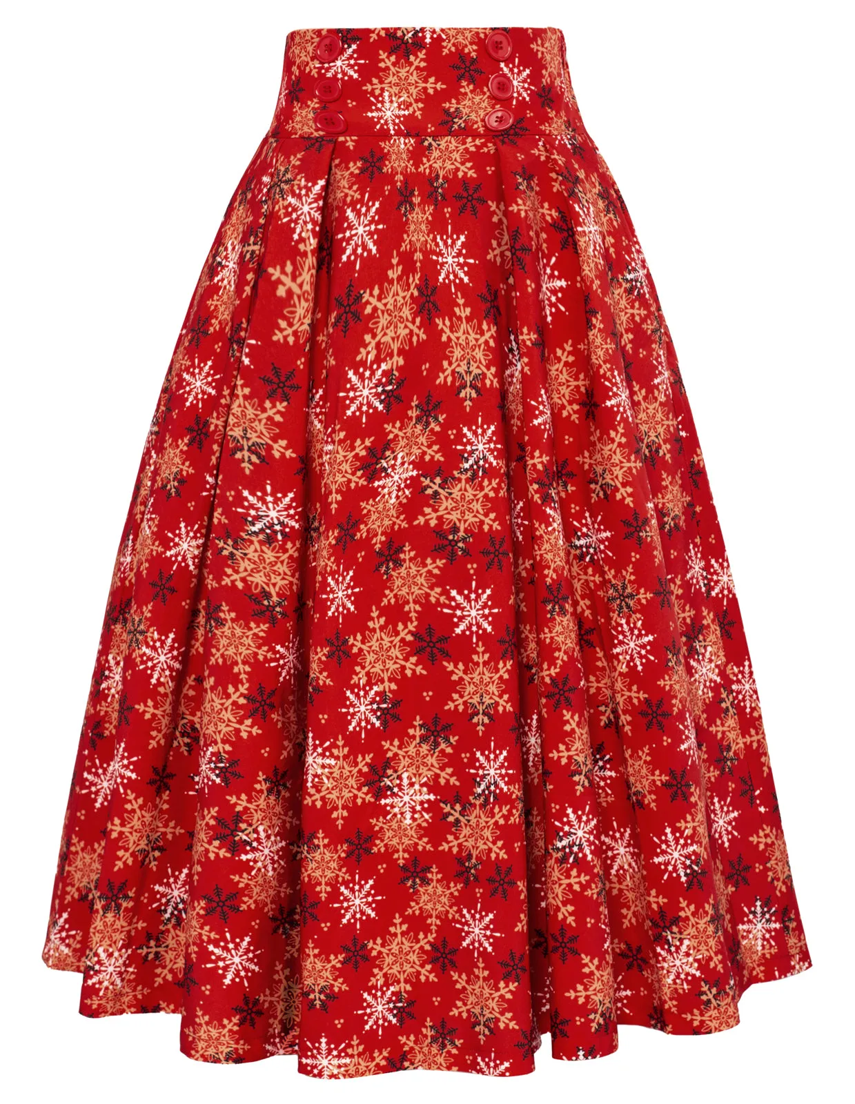 Buttons Decorated Snowflake Print Elastic Waist High Waist Swing A-Line Skirt