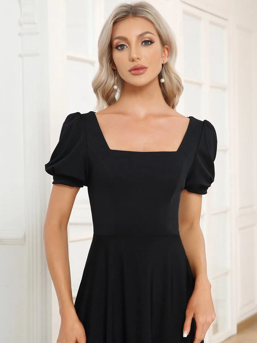 Caged Back Short Sleeve Square Neck A-Line Evening Dress