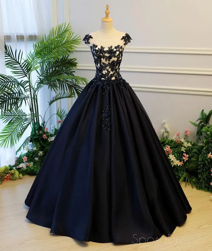 Cap Sleeve Black Lace A line Simple Long Evening Prom Dresses, Long Party Prom Dresses, 17327