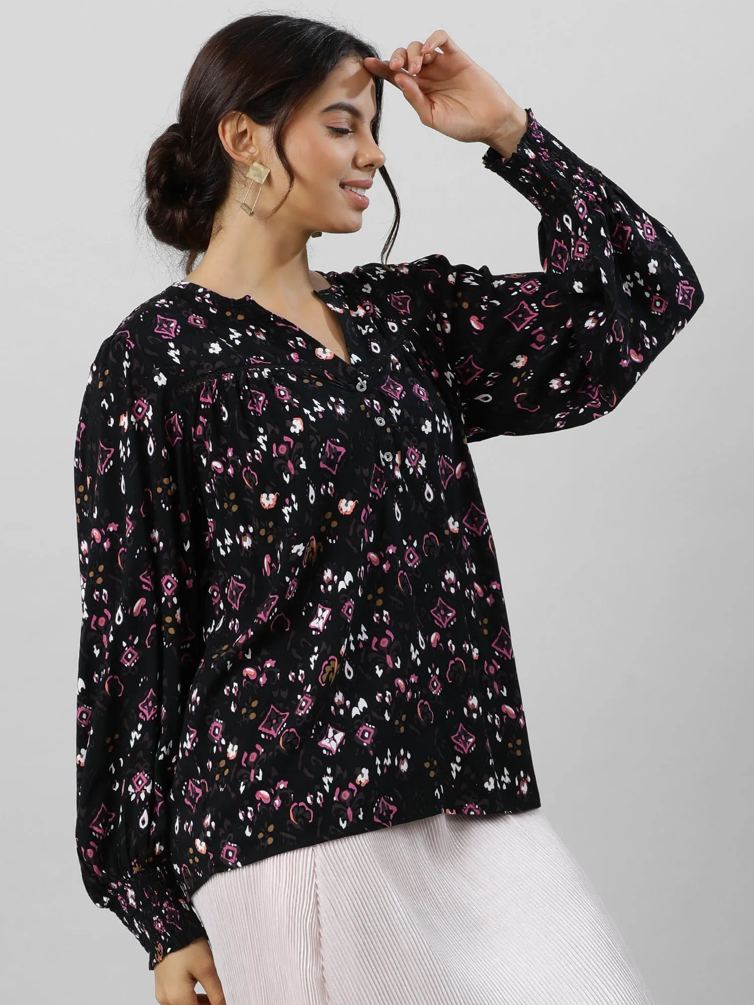 Casual Printed Floral Black Top