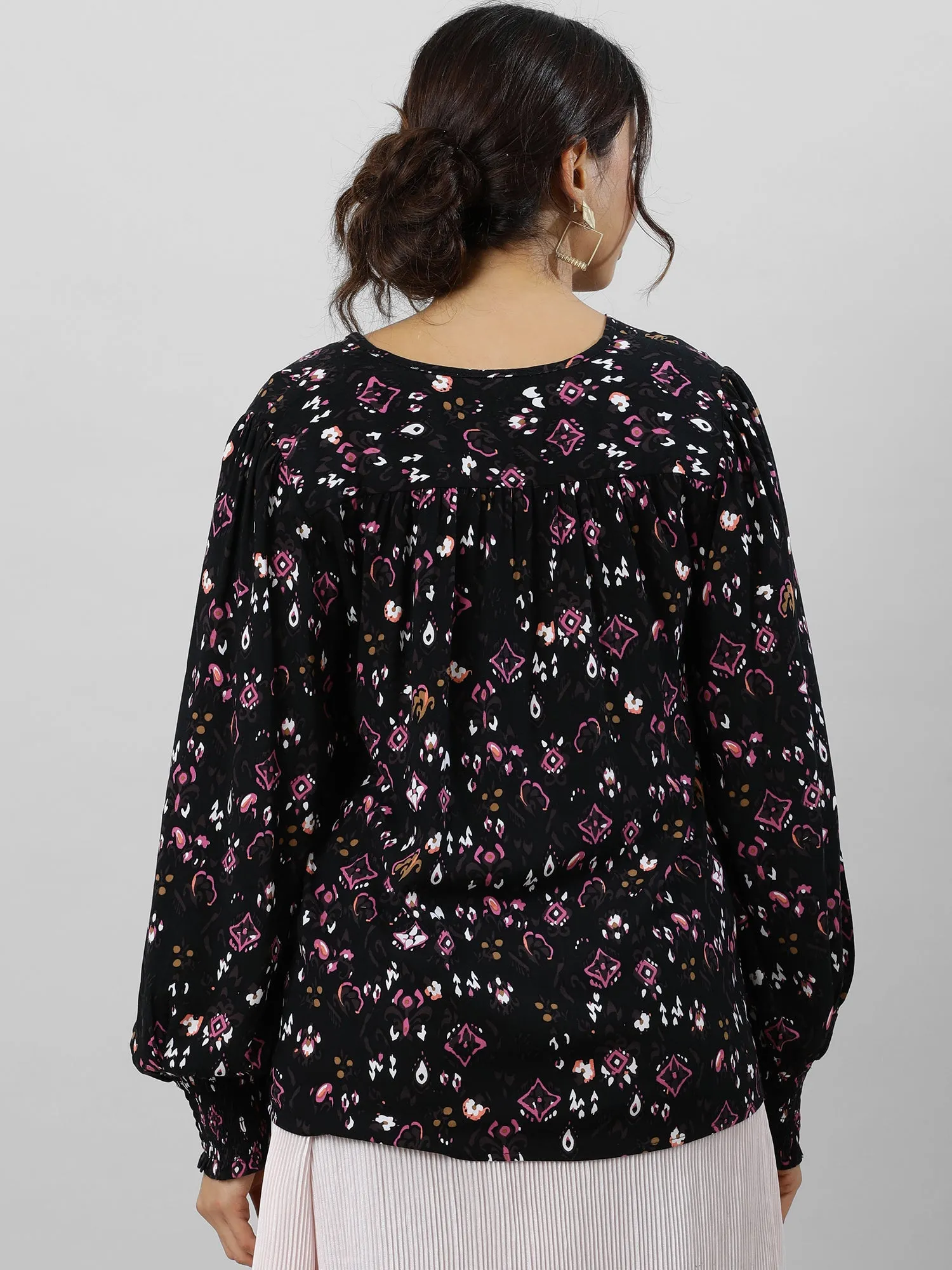 Casual Printed Floral Black Top