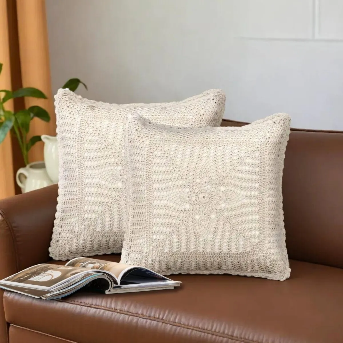 Crochet Cotton Cushion Cover in White with a Floret Pattern (Set of 1/2/4) | 16 x 16 inches | Handmade