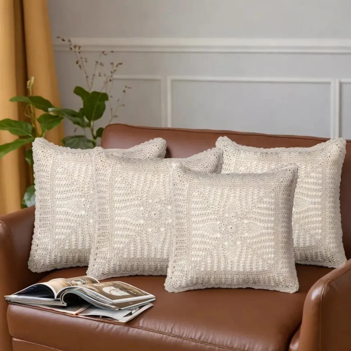 Crochet Cotton Cushion Cover in White with a Floret Pattern (Set of 1/2/4) | 16 x 16 inches | Handmade