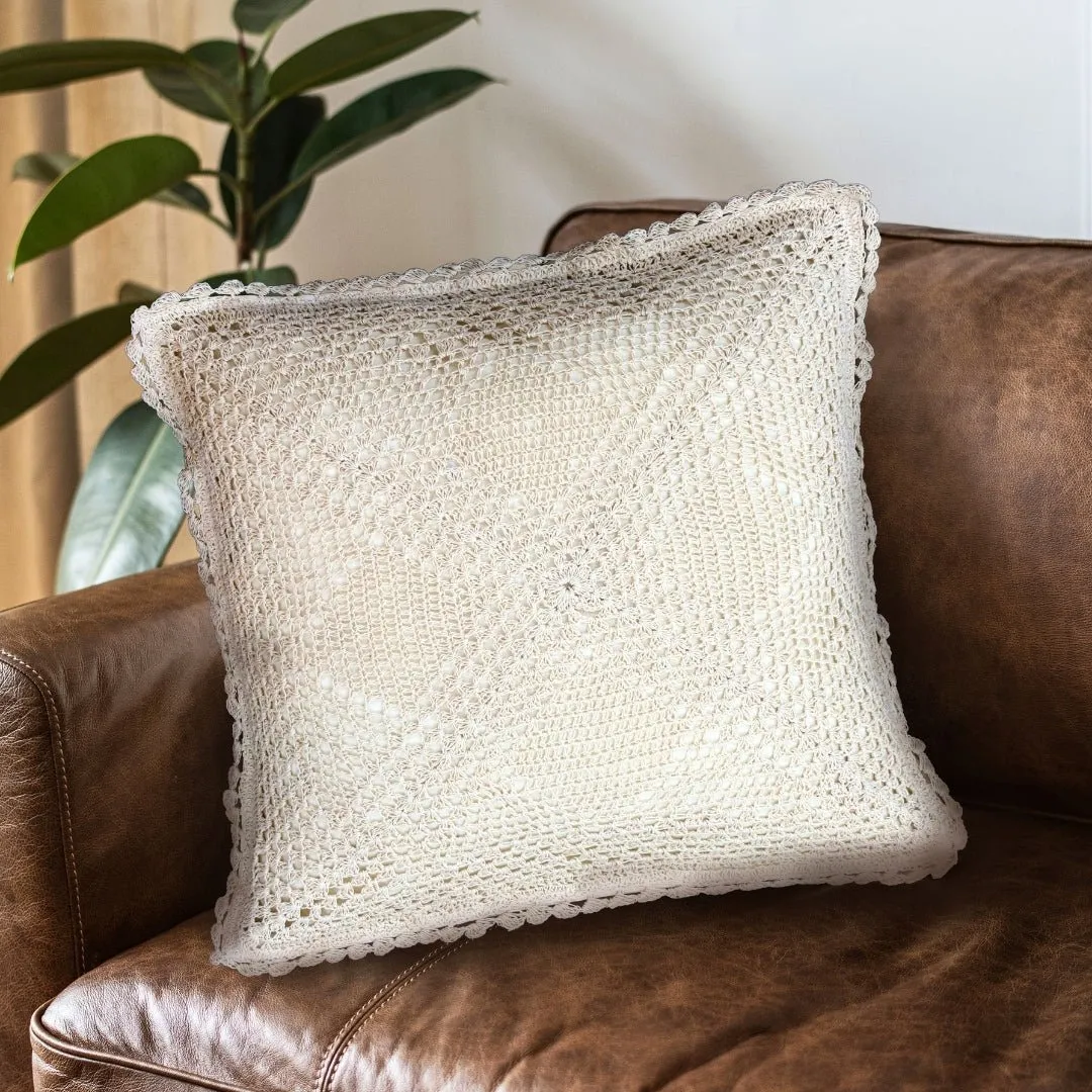 Crochet Cotton Cushion Cover in White with a Quad Pattern (Set of 1/2/4) | 16 x 16 inches | Handmade