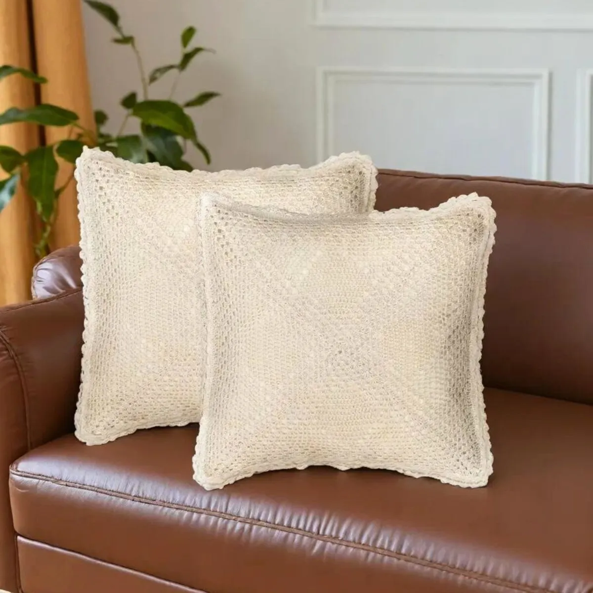 Crochet Cotton Cushion Cover in White with a Quad Pattern (Set of 1/2/4) | 16 x 16 inches | Handmade