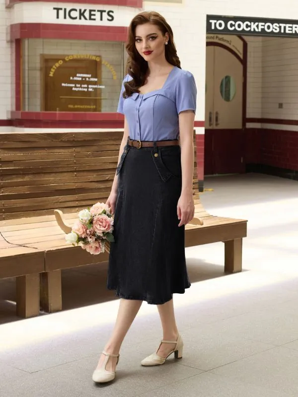 Denim Skirts Knee Length Vintage Elastic High Waist A-Line Midi Jean Skirts with Pockets