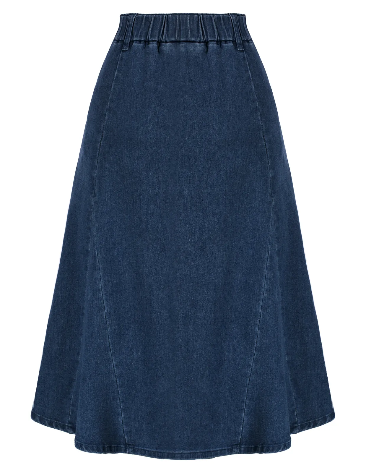 Denim Skirts Knee Length Vintage Elastic High Waist A-Line Midi Jean Skirts with Pockets