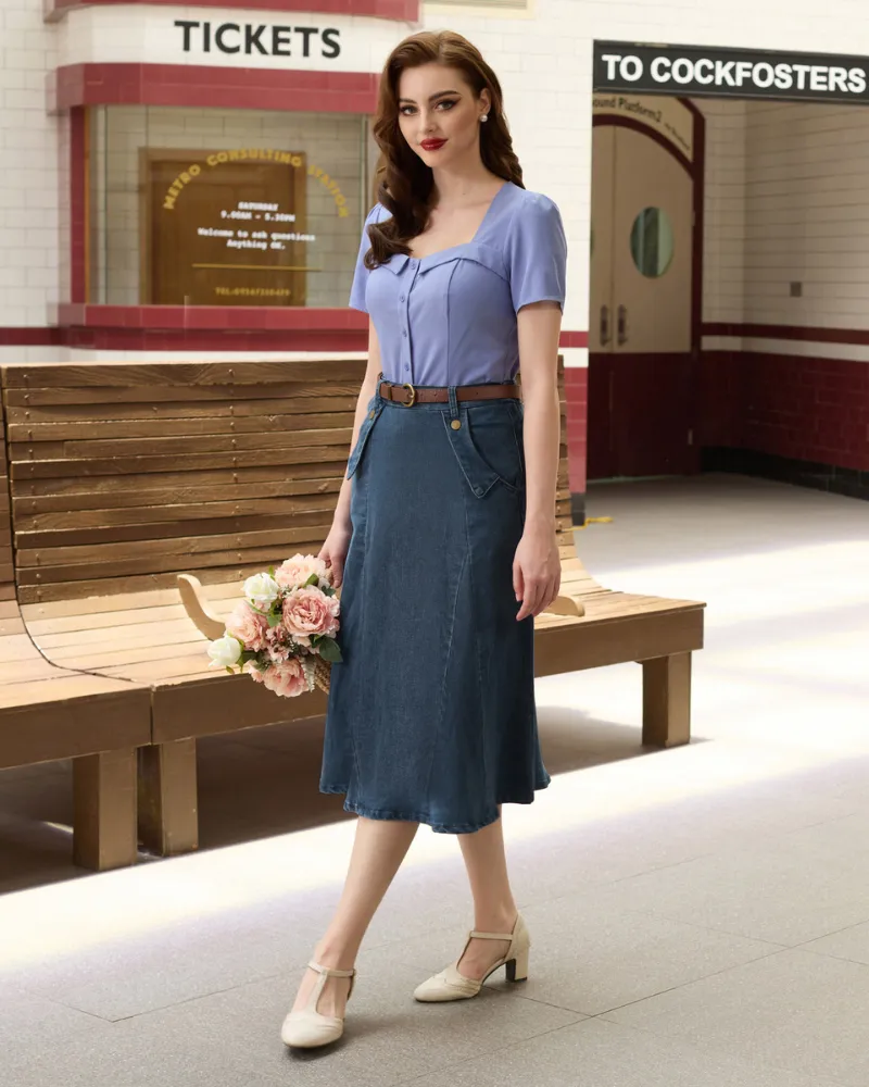 Denim Skirts Knee Length Vintage Elastic High Waist A-Line Midi Jean Skirts with Pockets