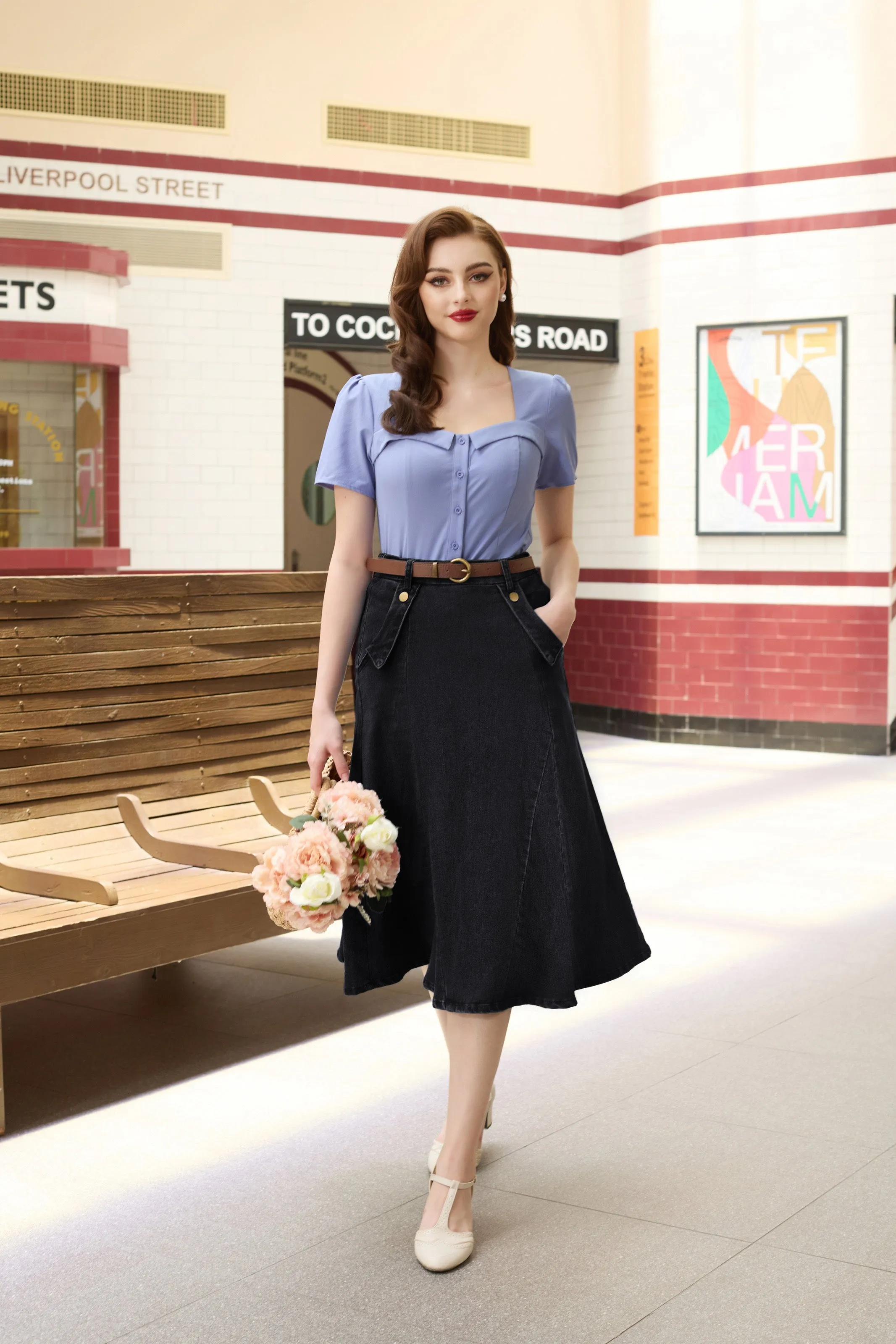 Denim Skirts Knee Length Vintage Elastic High Waist A-Line Midi Jean Skirts with Pockets